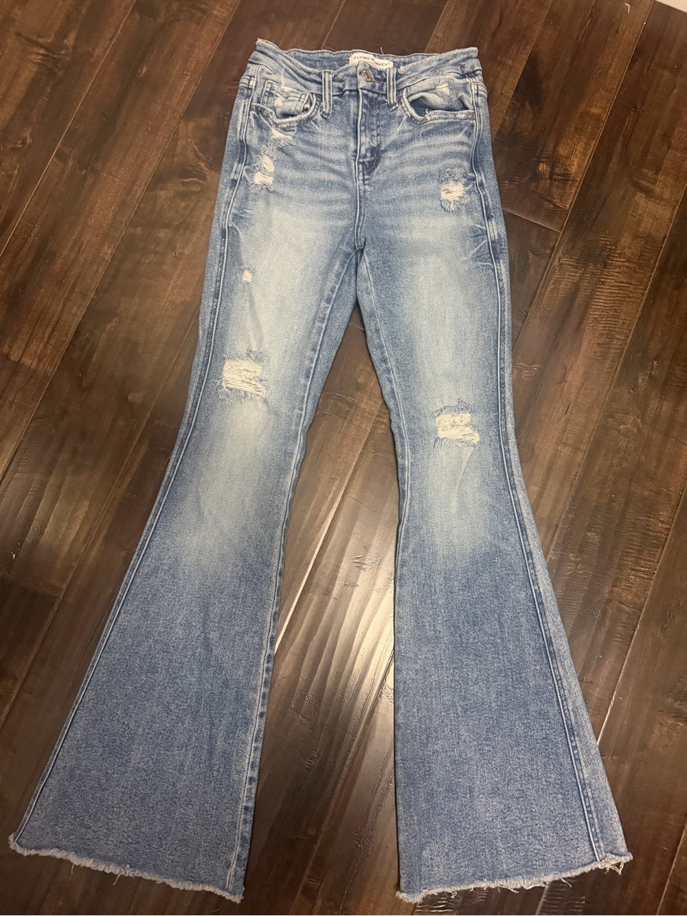 Flying Monkey High Rise Flare Distressed Raw Hem Size 23